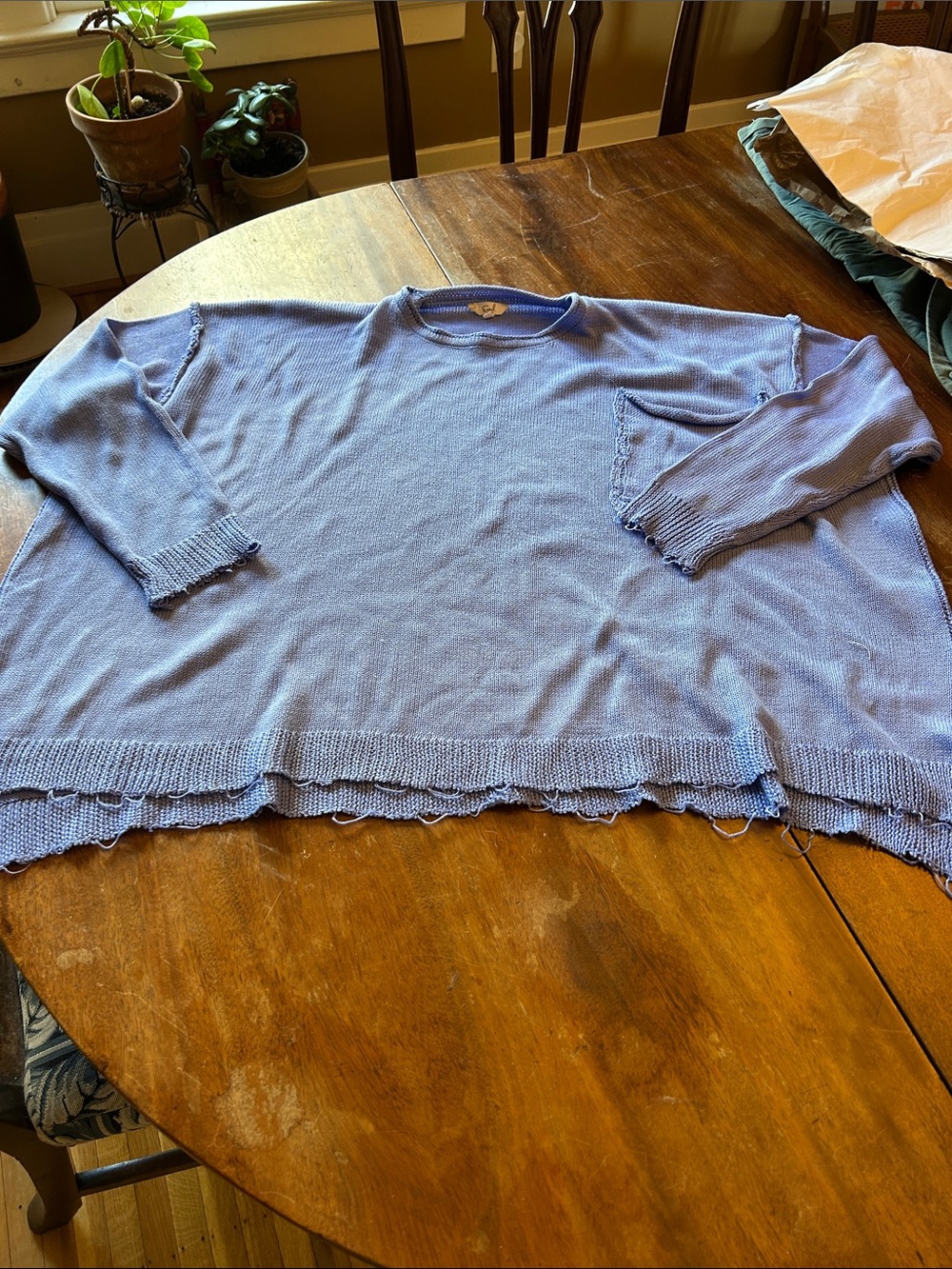easel Light Blue Scoop Neck Distressed Knit Sweater